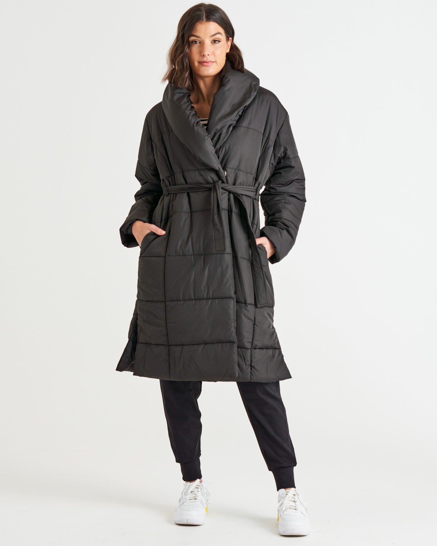 Black Longline Padded Side Split Puffer Coat Jacket - Black / 8