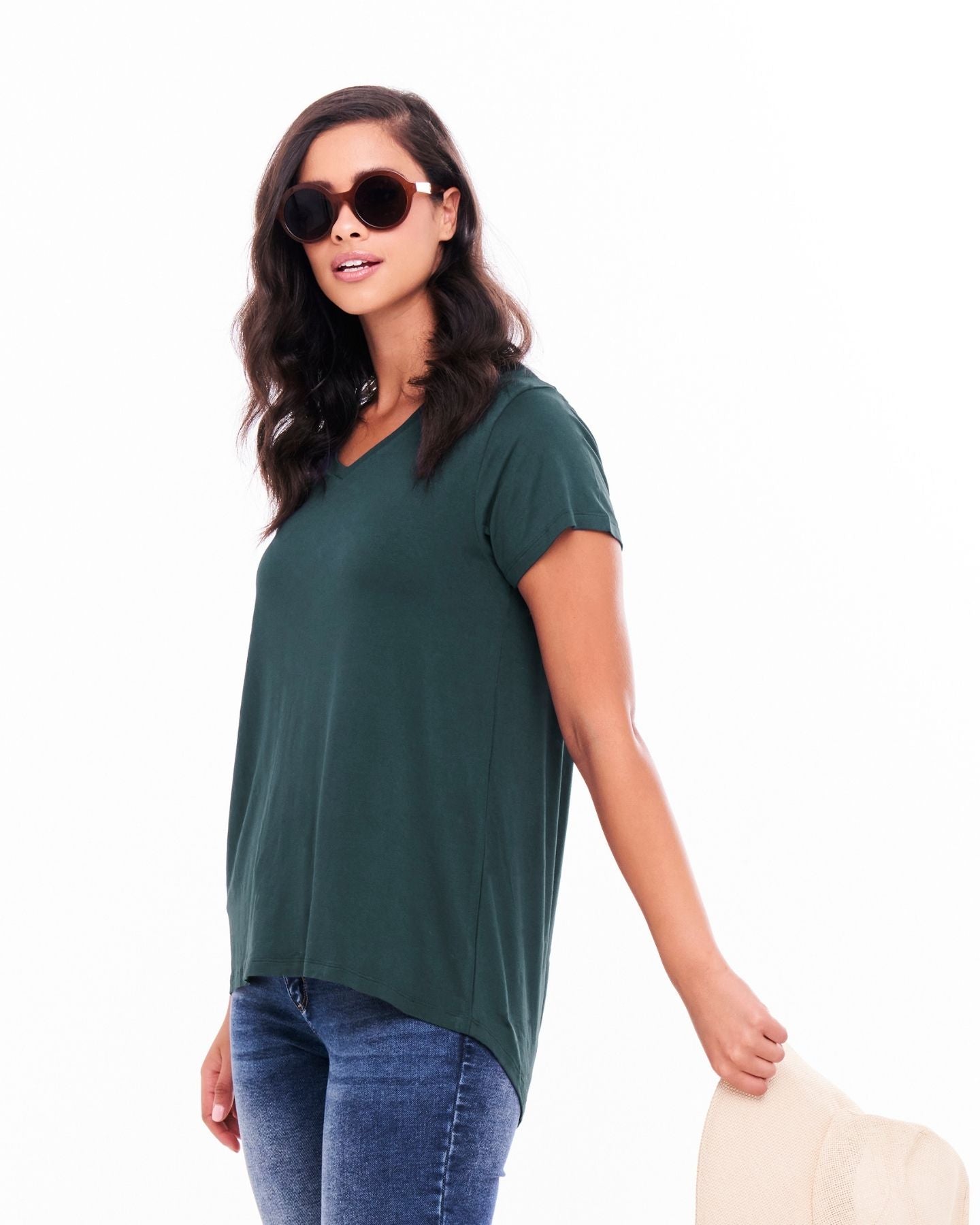 Matilda V-Neck Relaxed Draped Basic Tee - Ivy Green | Betty Basics