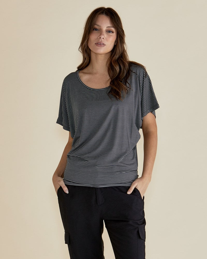 Maui Stretchy Batwing Draped Basic Tee - Black/White Stripe