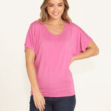 Maui Stretchy Batwing Draped Basic Tee - Winter Pink