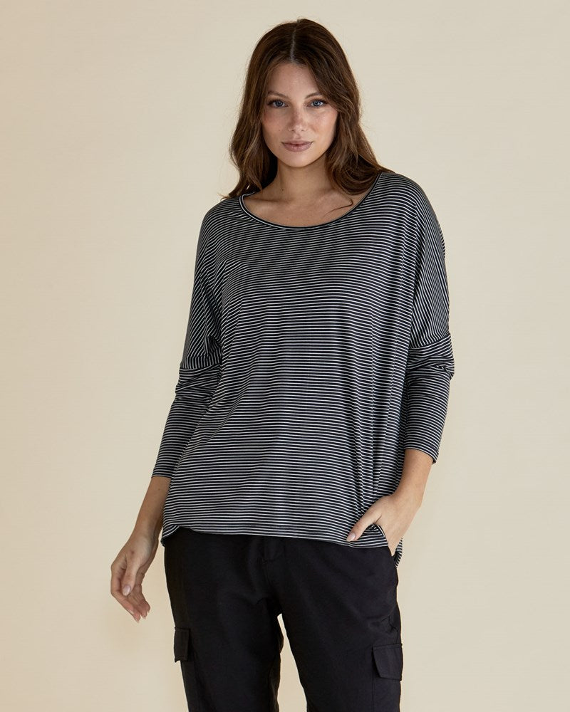 Milan Stretchy Draped Relaxed 3/4 Sleeve Basic Top - Black/White Stripe