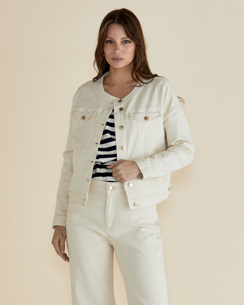 Cindy Collarless Denim Jacket - Off-White