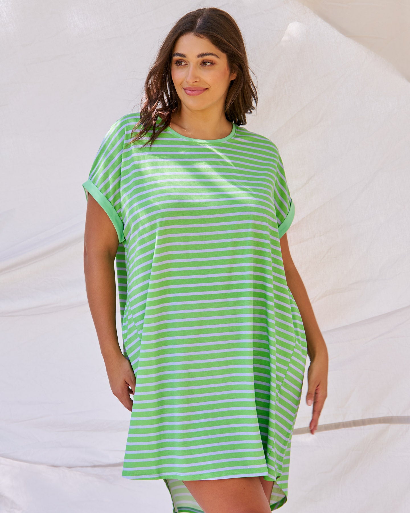 Maxine T-Shirt Dress - Green Tea/Cornflower Stripe