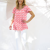 Coral Shirred Tee - Blossom Print