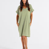 Elise V-Neck Rib Dress - Avocado Stripe