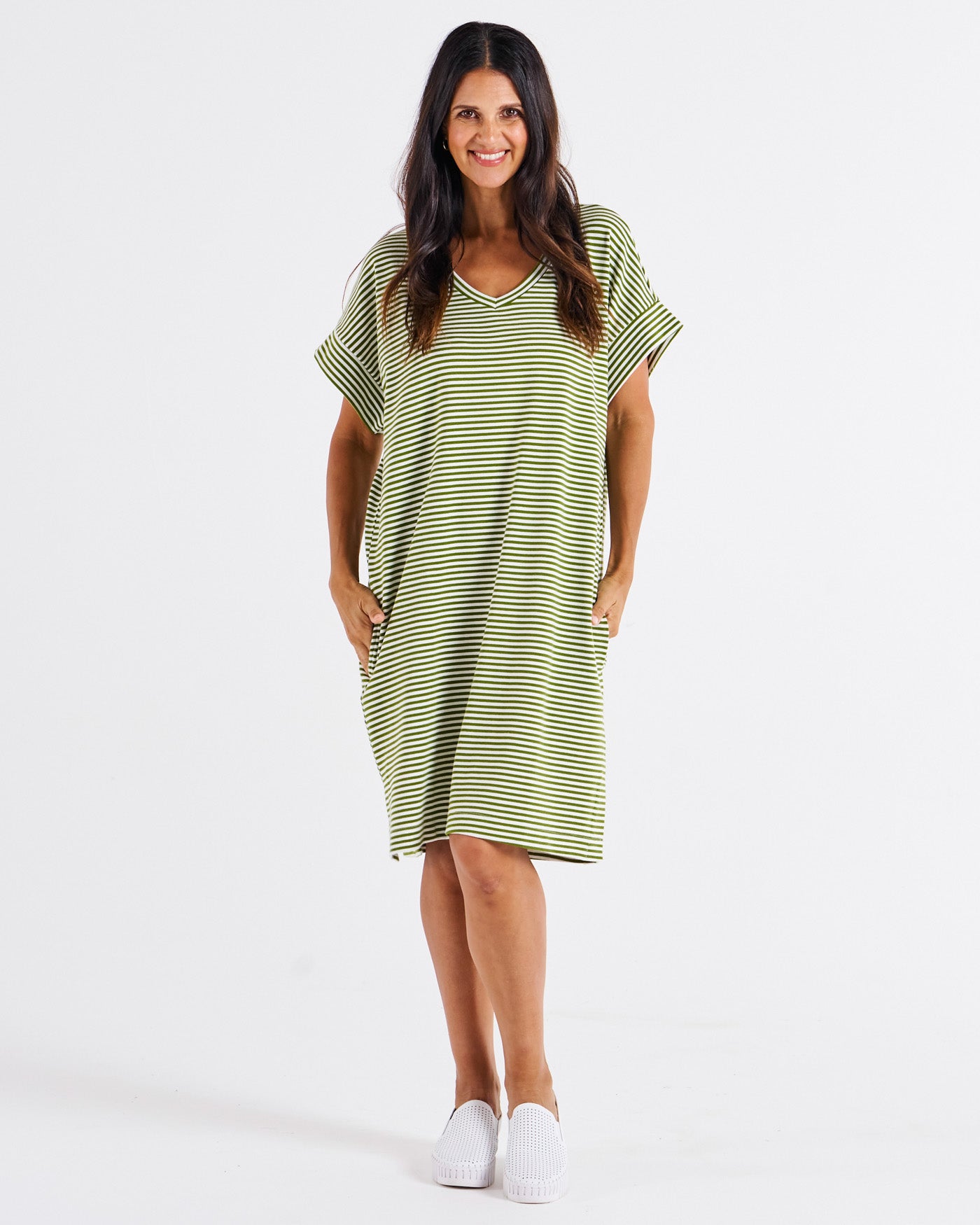 Elise V-Neck Rib Dress - Avocado Stripe