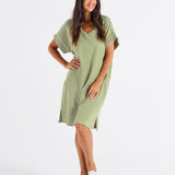 Elise V-Neck Rib Dress - Avocado Stripe