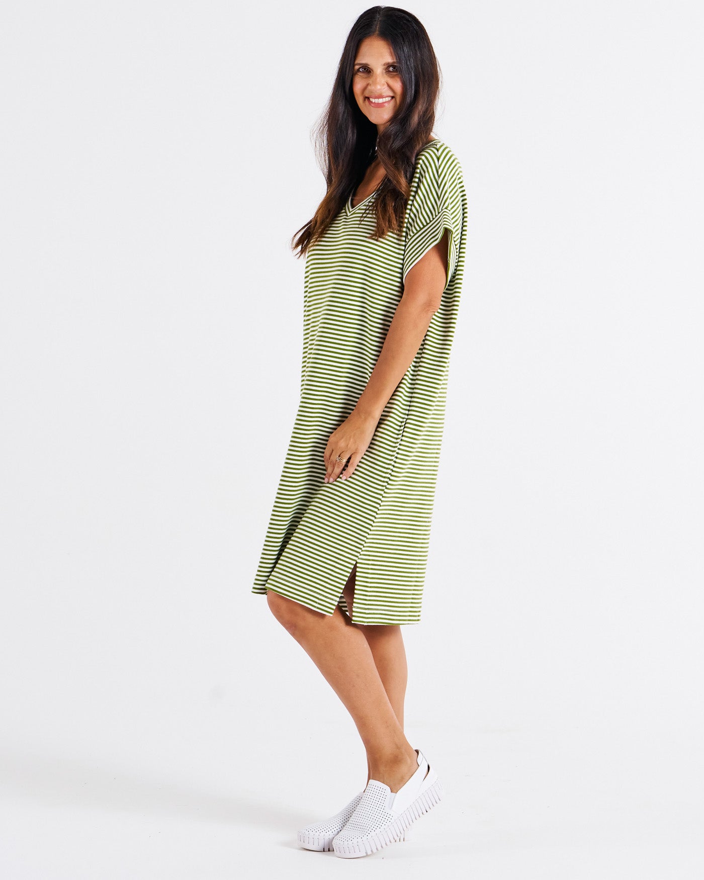 Elise V-Neck Rib Dress - Avocado Stripe