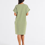 Elise V-Neck Rib Dress - Avocado Stripe