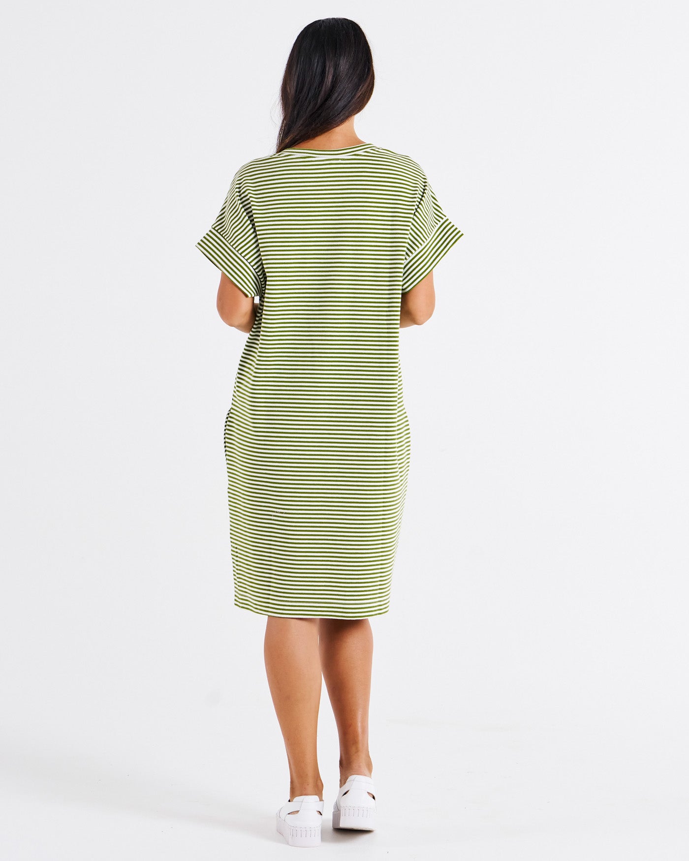 Elise V-Neck Rib Dress - Avocado Stripe