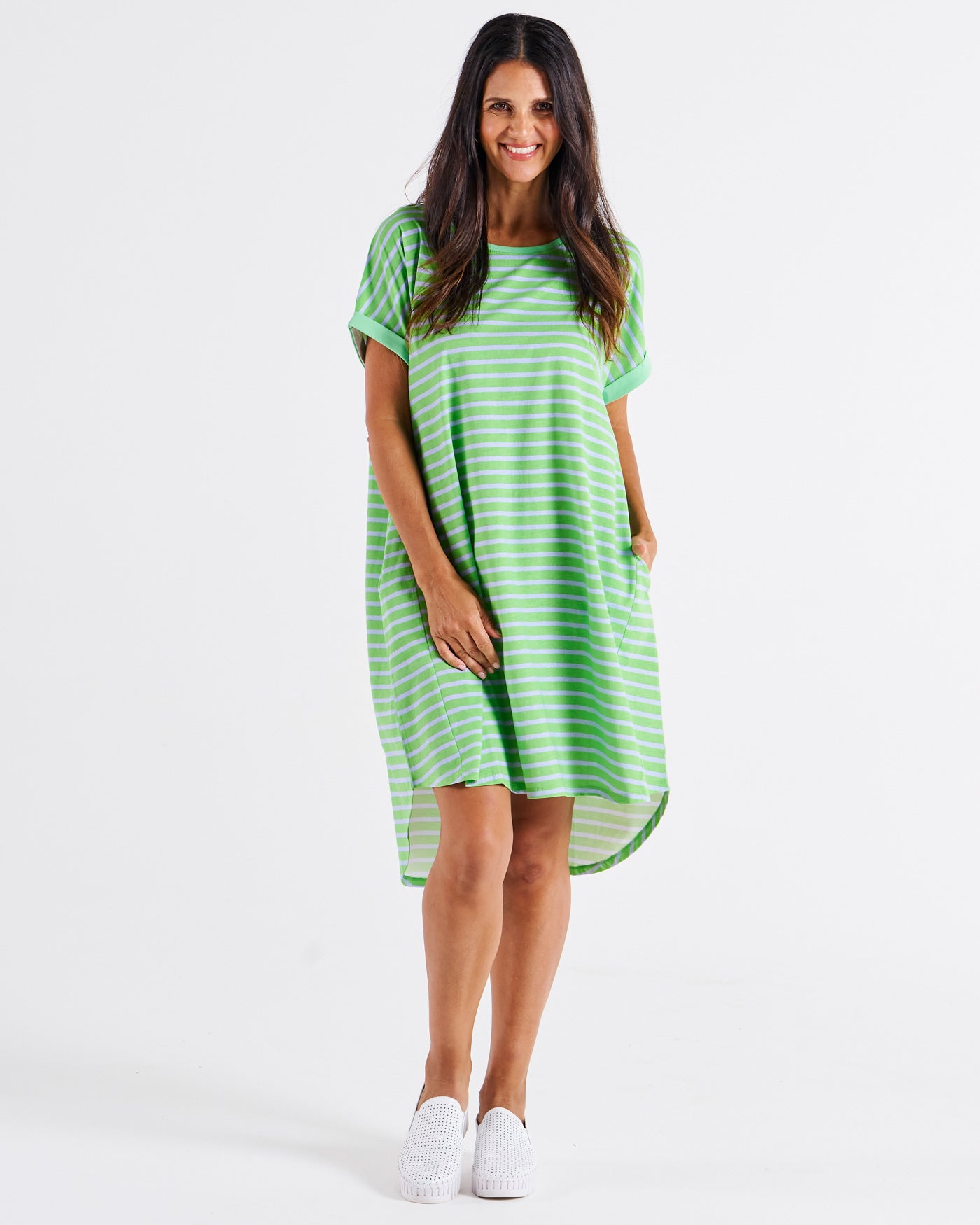 Maxine T-Shirt Dress - Green Tea/Cornflower Stripe