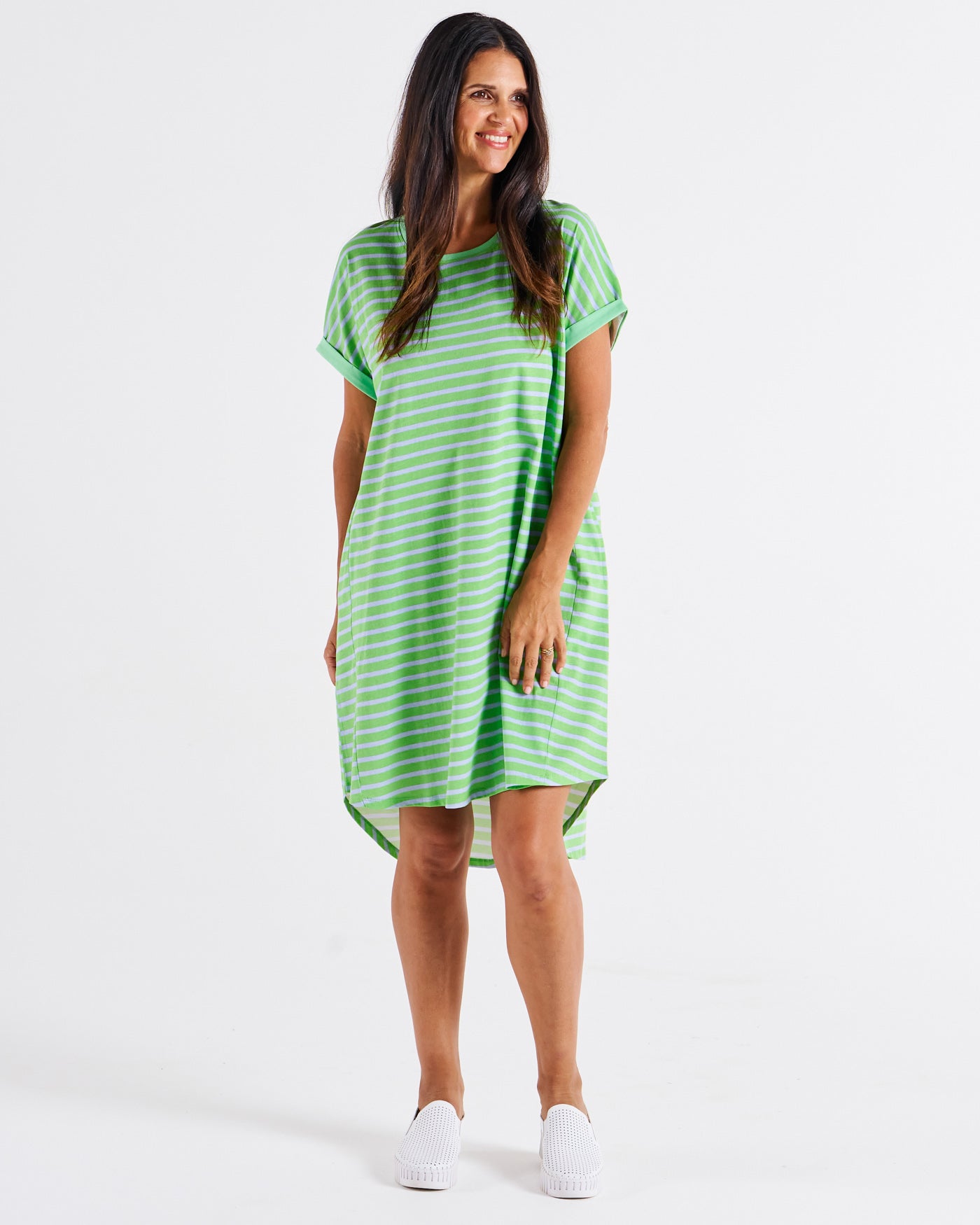 Maxine T-Shirt Dress - Green Tea/Cornflower Stripe