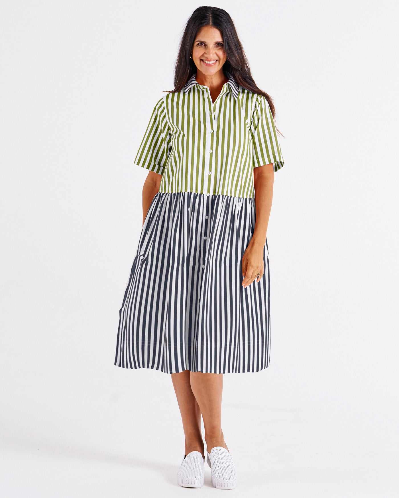 Denver Cotton Dress - Pistachio/Black Stripe