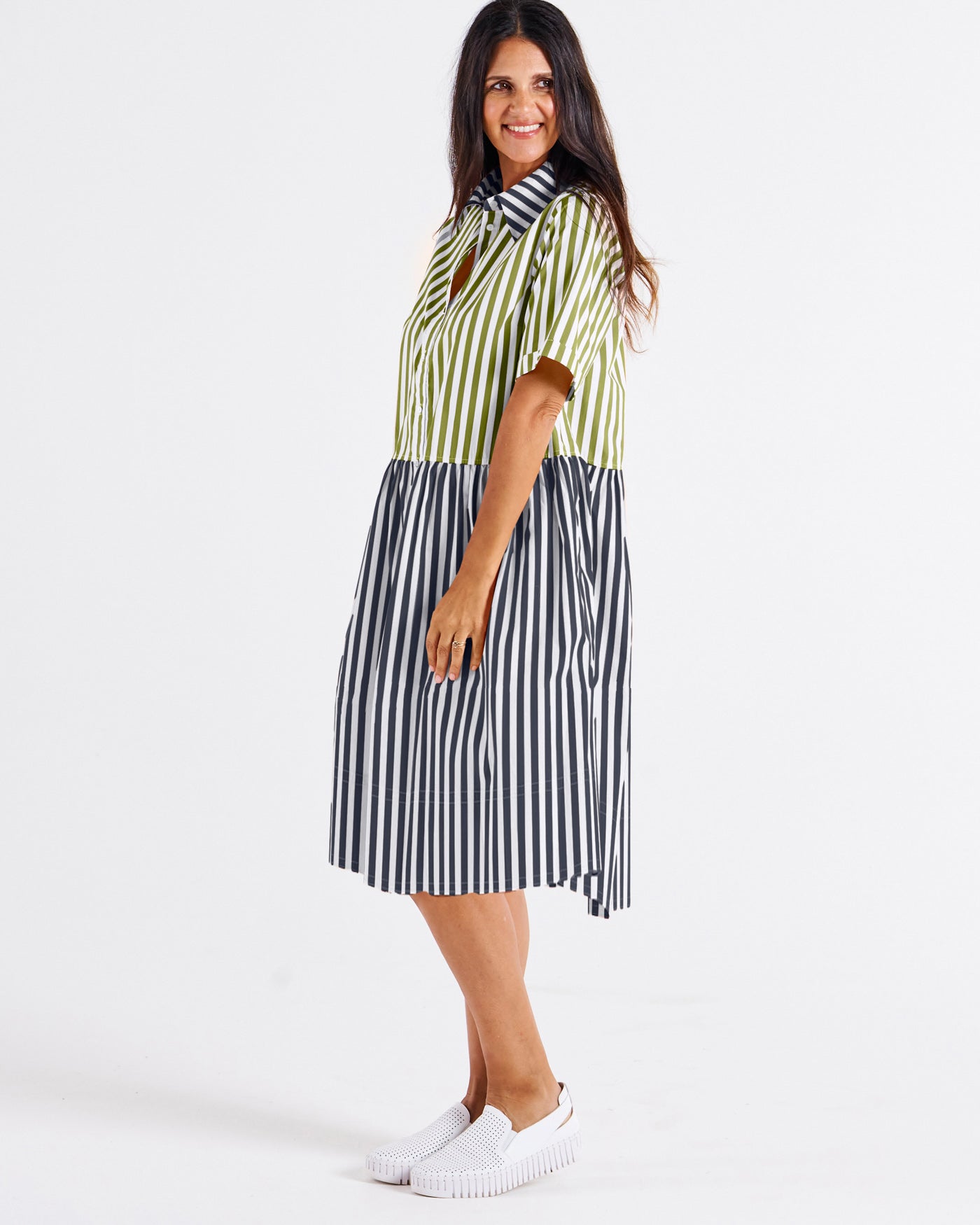 Denver Cotton Dress - Pistachio/Black Stripe