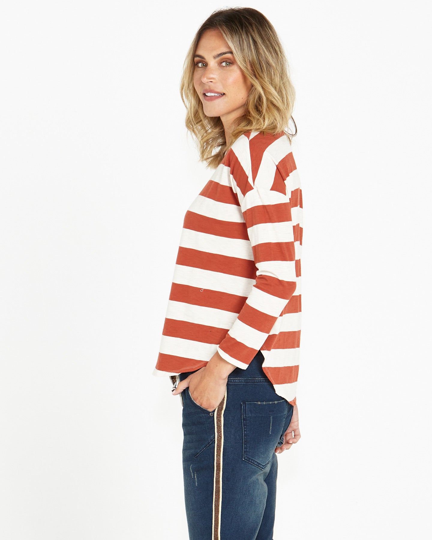 Jessie Long Sleeve Tee - Dusty Terracotta Stripe