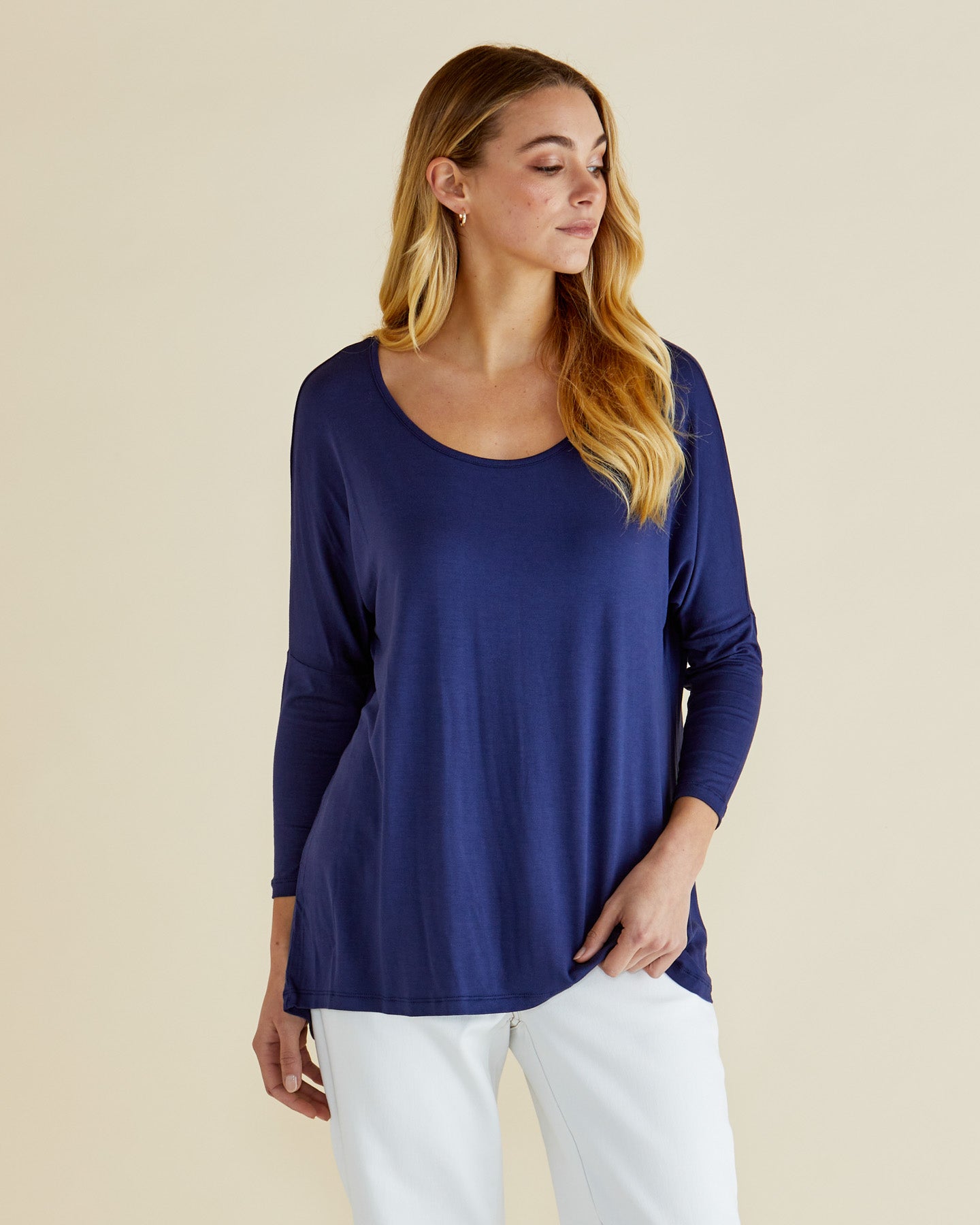 Milan Draped Relaxed 3/4 Sleeve Basic Top - Navy