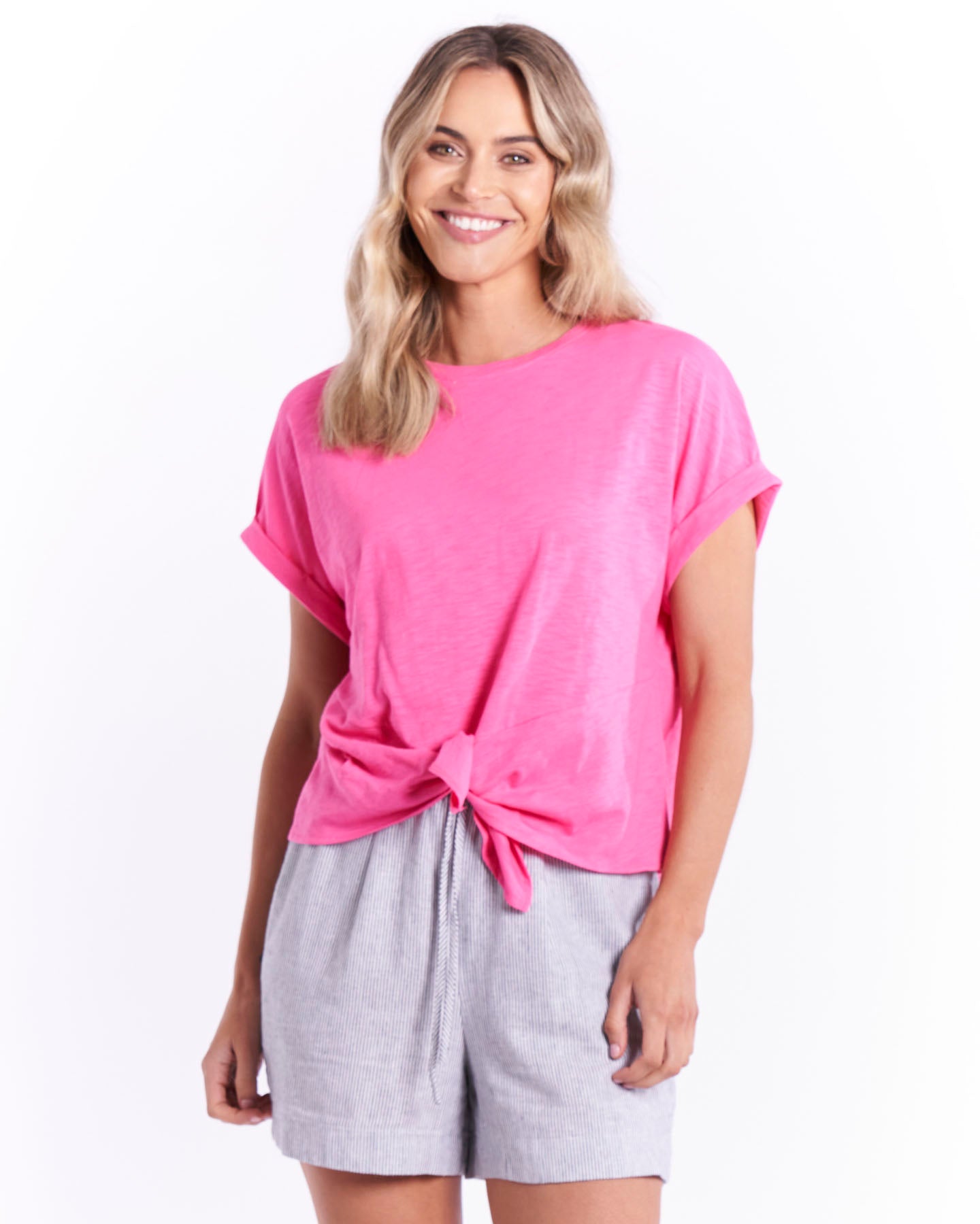 London Crew Neck Knot Detail Cotton Tee - Hot Pink