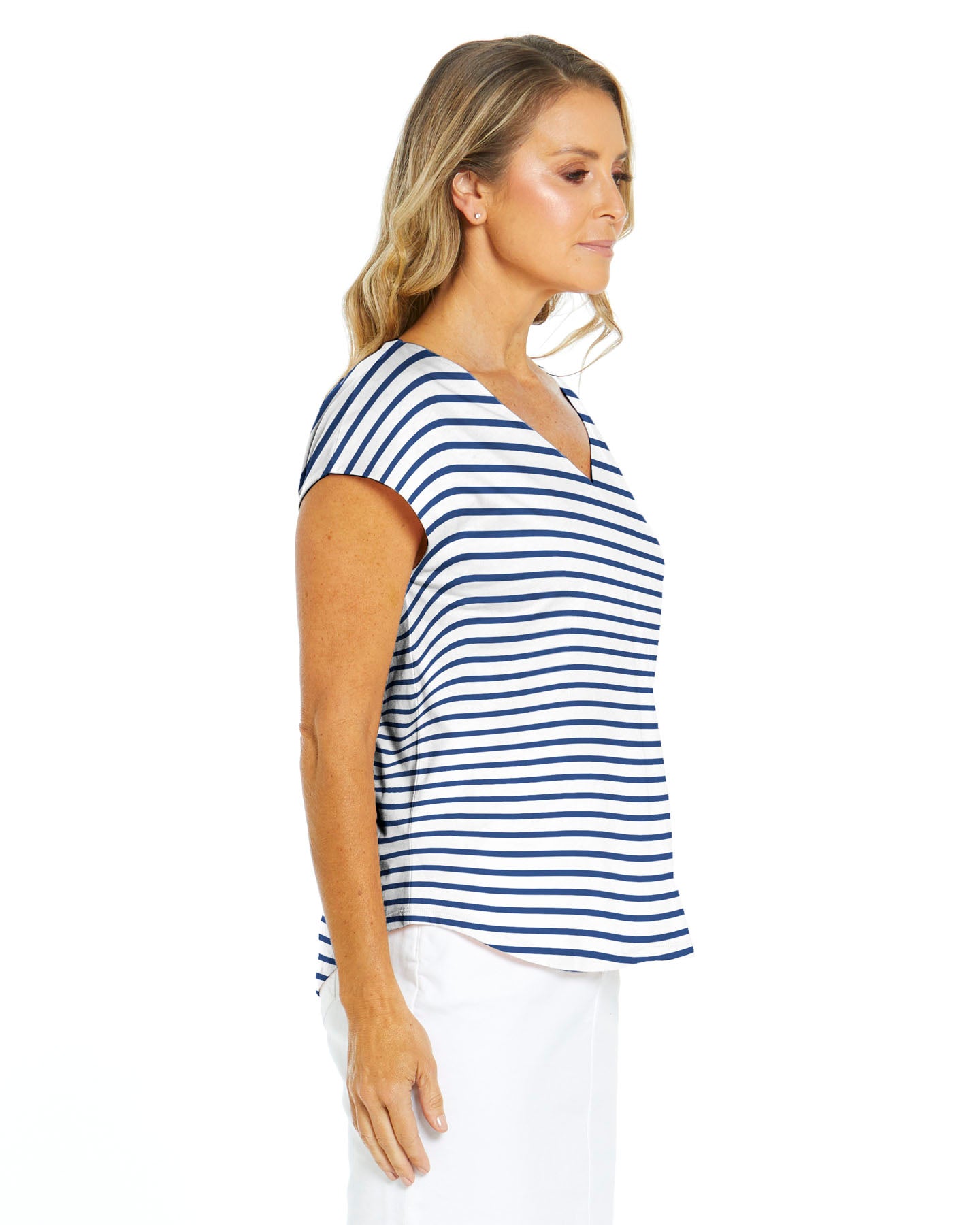 Summer V-Neck Cotton BasicTee - Beach Stripe