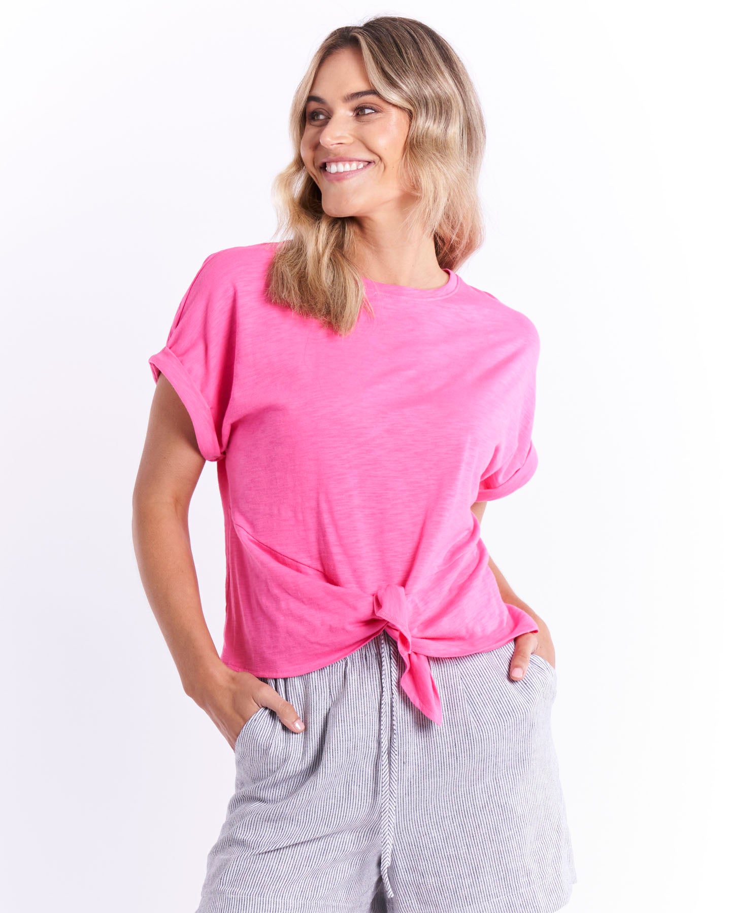 London Crew Neck Knot Detail Cotton Tee - Hot Pink