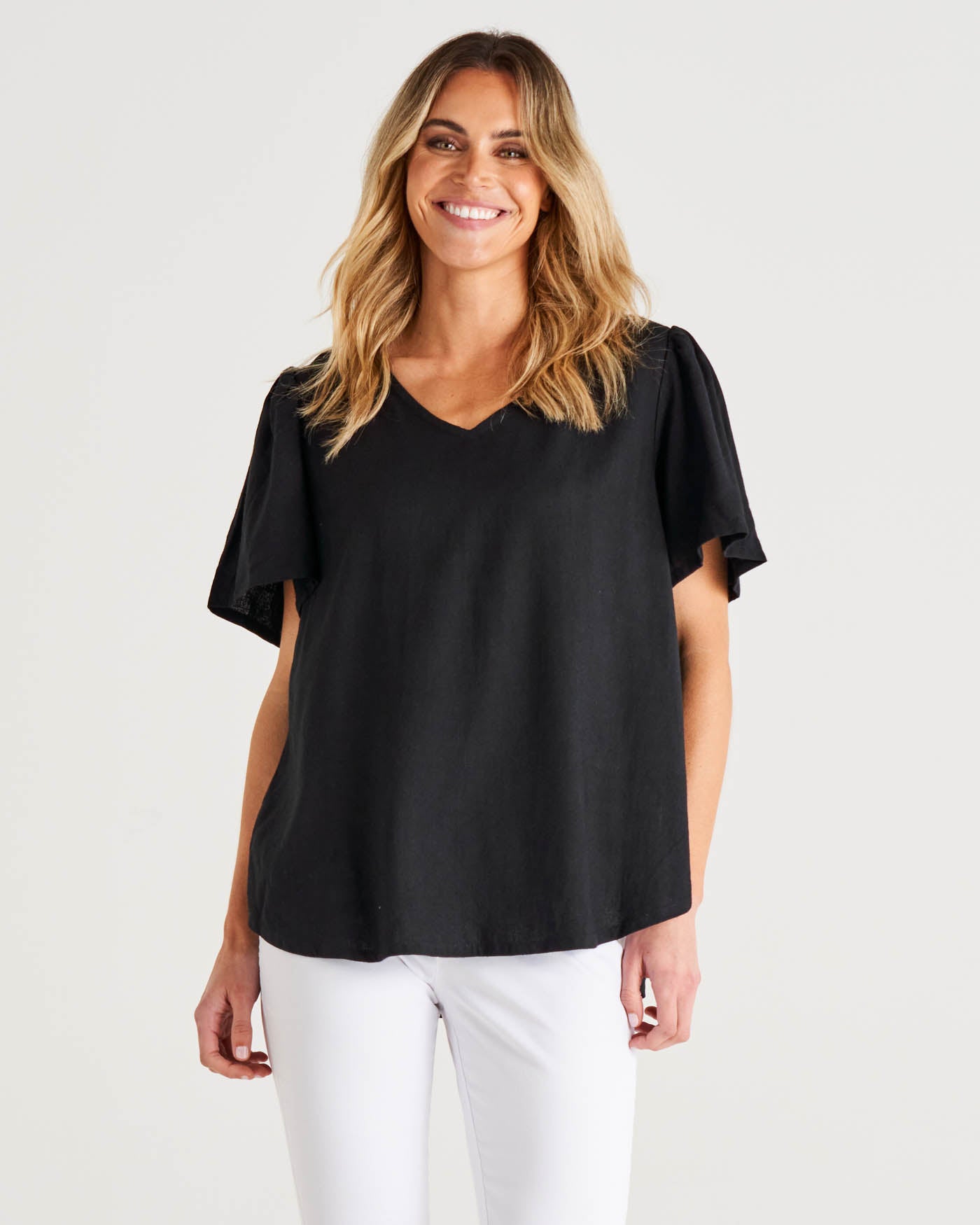 Marina Flutter Sleeve Linen Blouse - Black