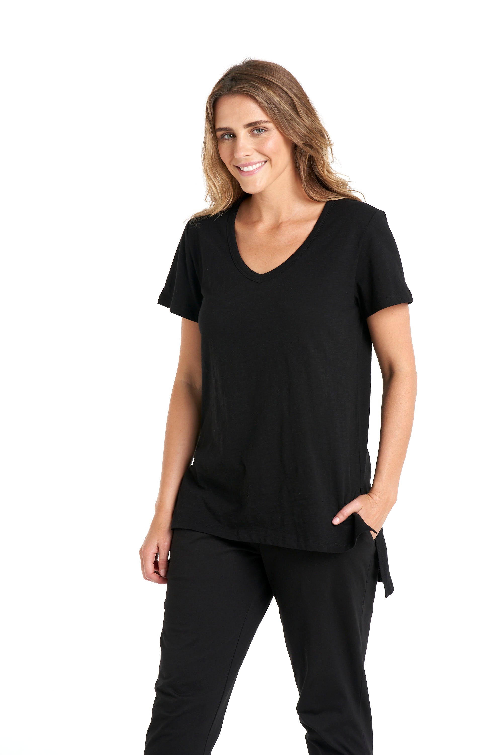 Billie V-Neck Relaxed Cotton Basic Tee - Black