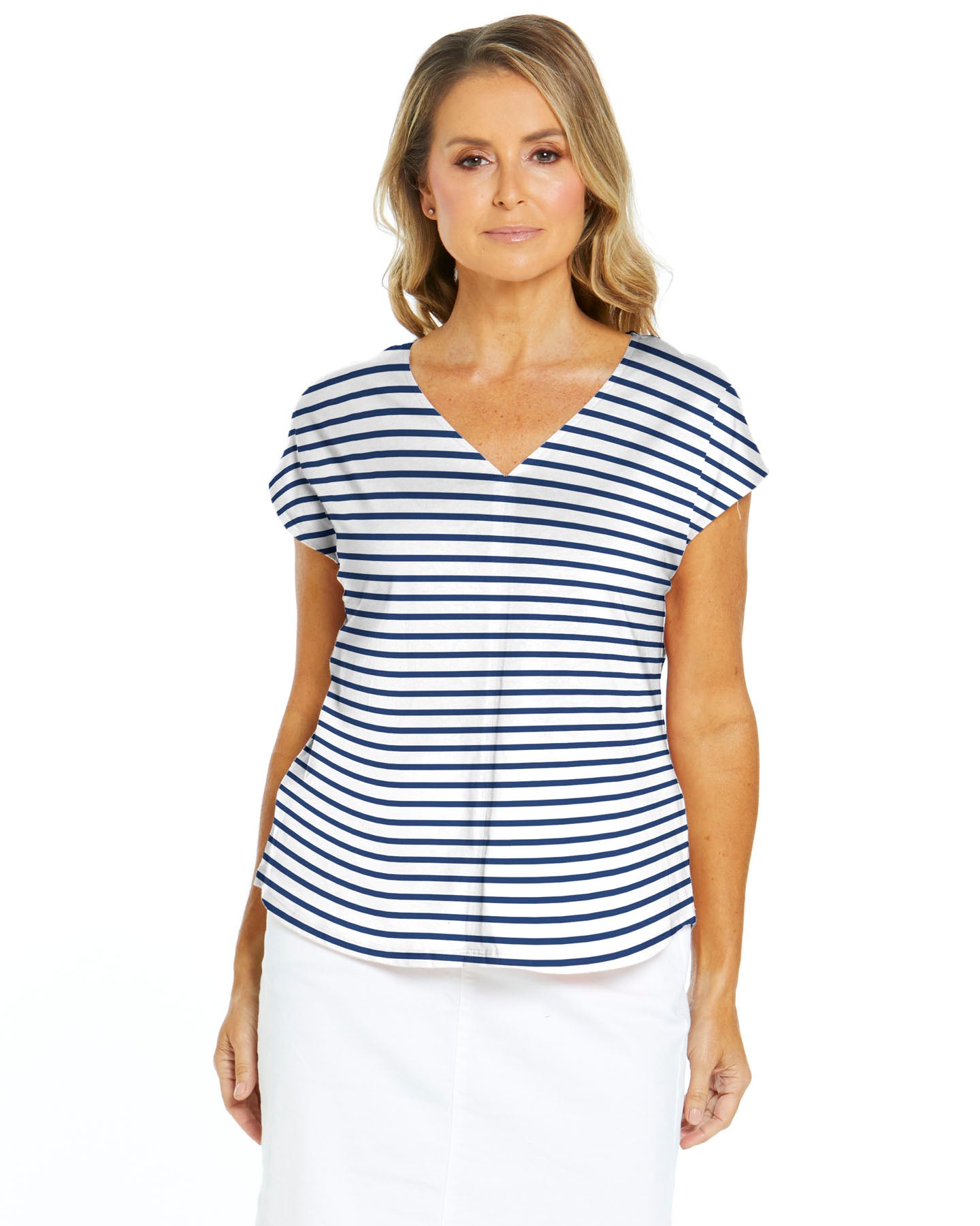 Summer V-Neck Cotton BasicTee - Beach Stripe