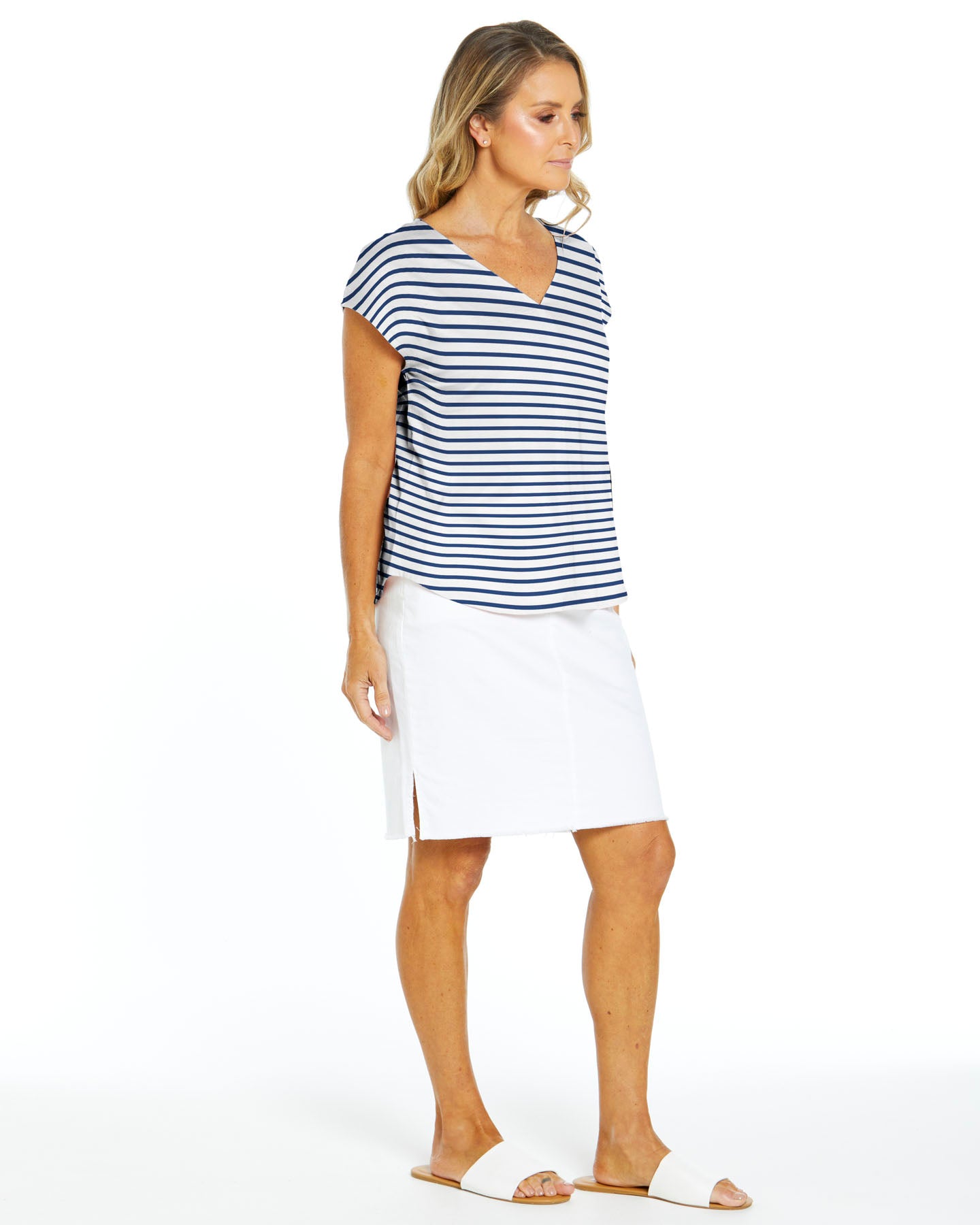 Summer V-Neck Cotton BasicTee - Beach Stripe