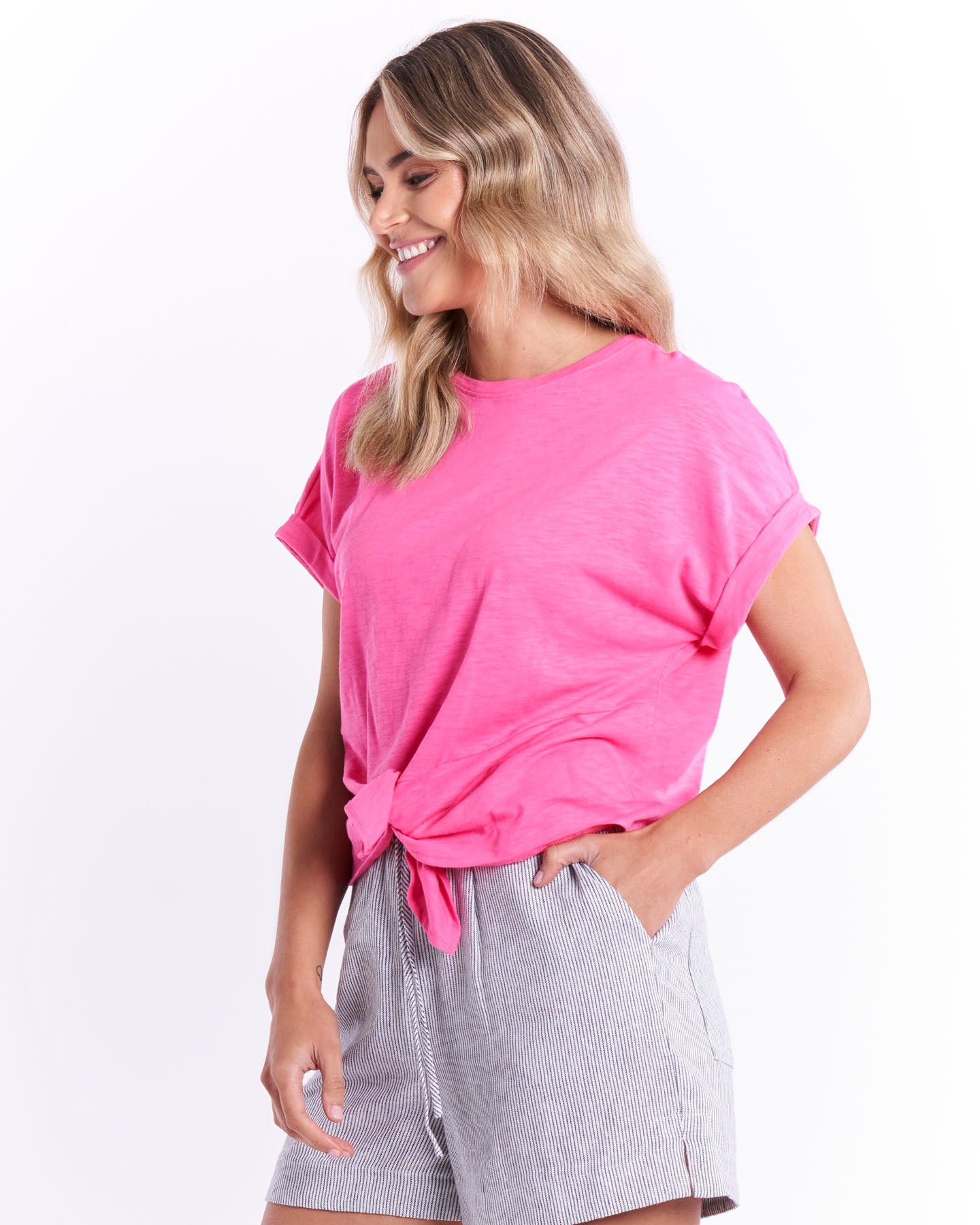 London Crew Neck Knot Detail Cotton Tee - Hot Pink